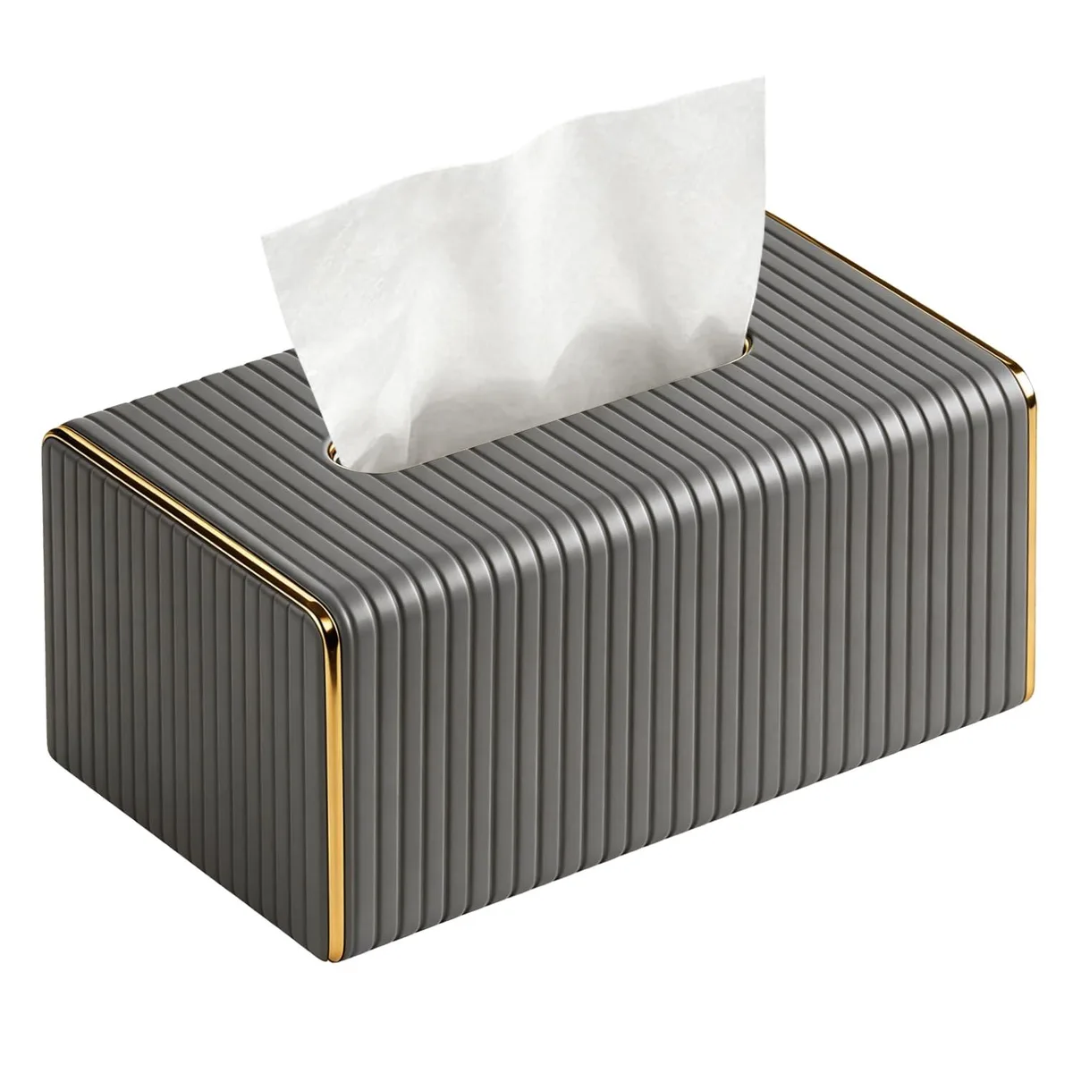 Grey rectangular tissue box cover with gold trim, 9.8 by 5.5 by 4.25 inches