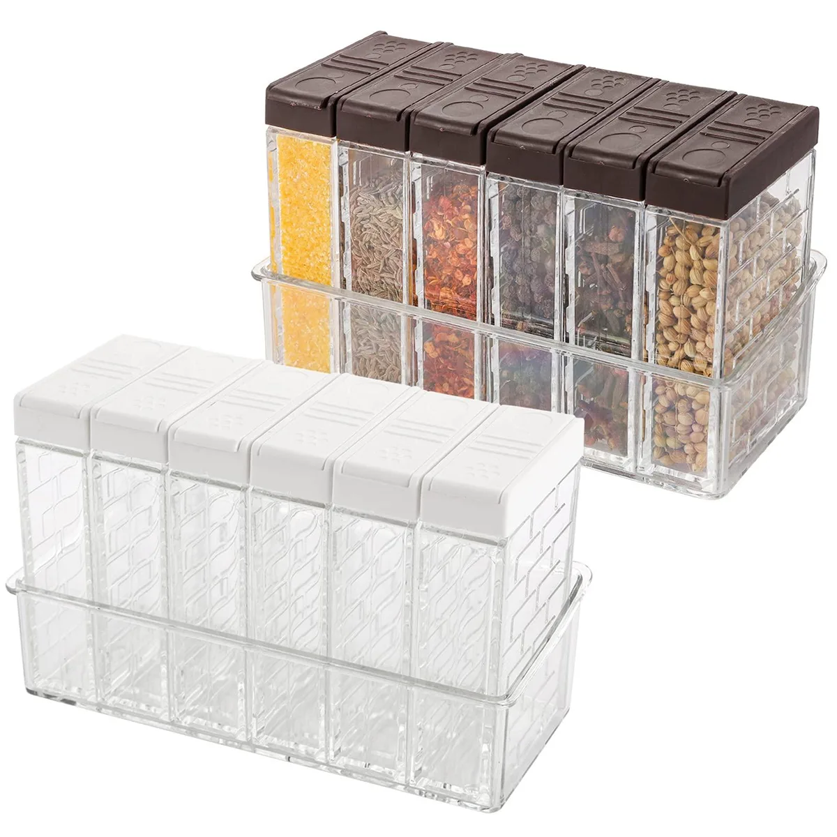 Twelve clear rectangular plastic spice jars with brown and white flip-top lids on two trays
