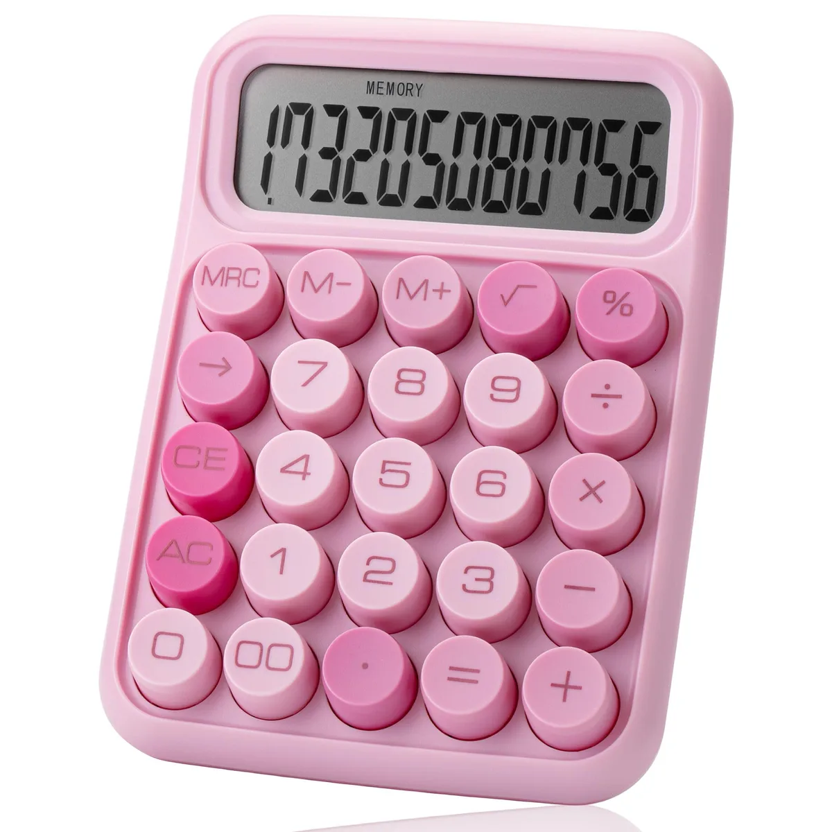Pink 12-digit desktop calculator with mechanical keys and large LCD display