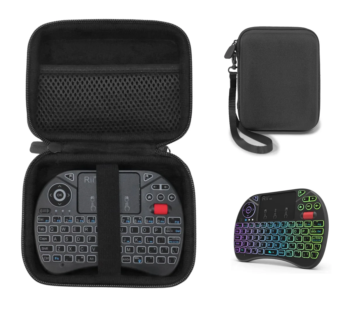 Black rectangular protective case with mesh pocket and wrist strap for Rii X8 Mini Keyboard
