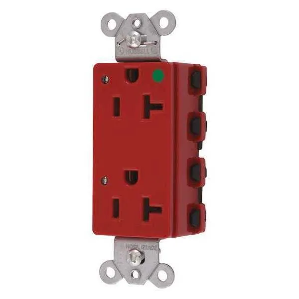 Red nylon duplex receptacle with two vertical slots and a round ground hole