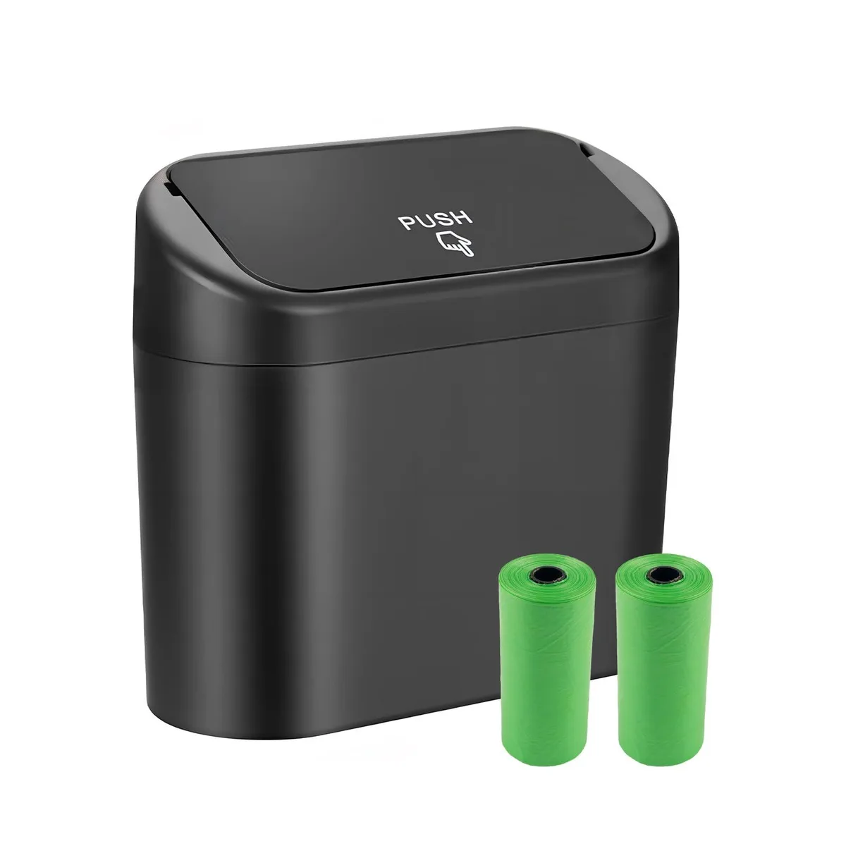Three white plastic car trash cans with spring lids and built-in lights