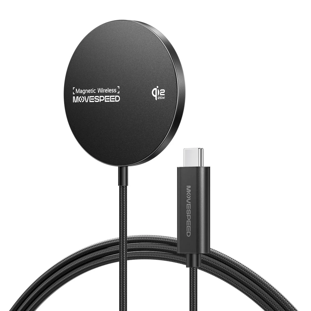 Black circular wireless charging pad with magnetic alignment ring and matte finish