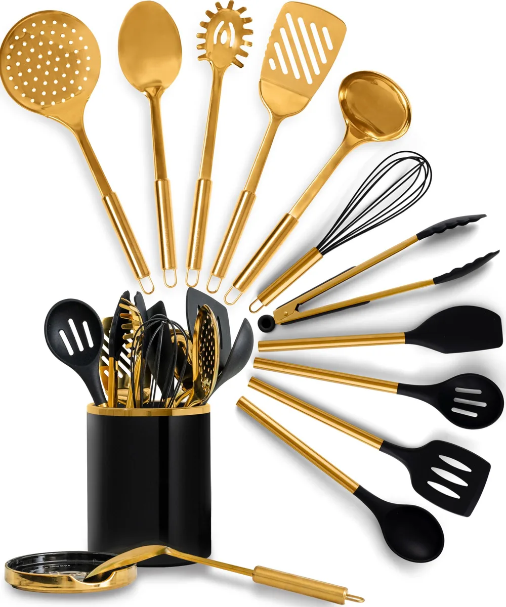 13-piece black and gold utensil set in ceramic holder with detachable spoon rest