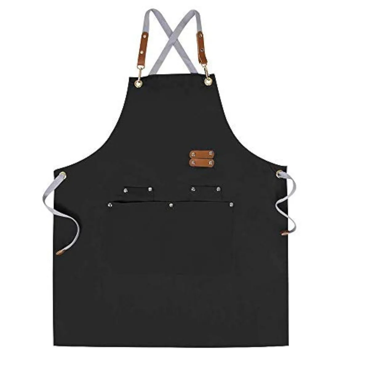 Black canvas chef apron with cross-back straps and large front pockets