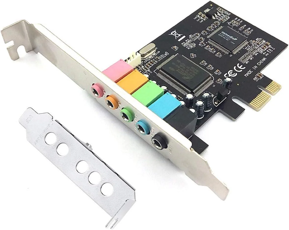 Green PCIe sound card with five coloured audio jacks and a low-profile bracket