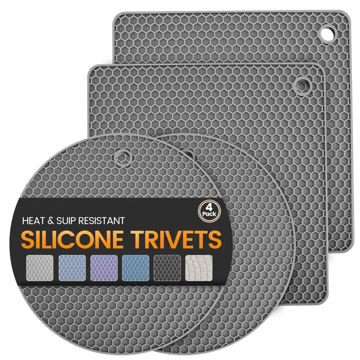 Four dark grey silicone trivet mats stacked together