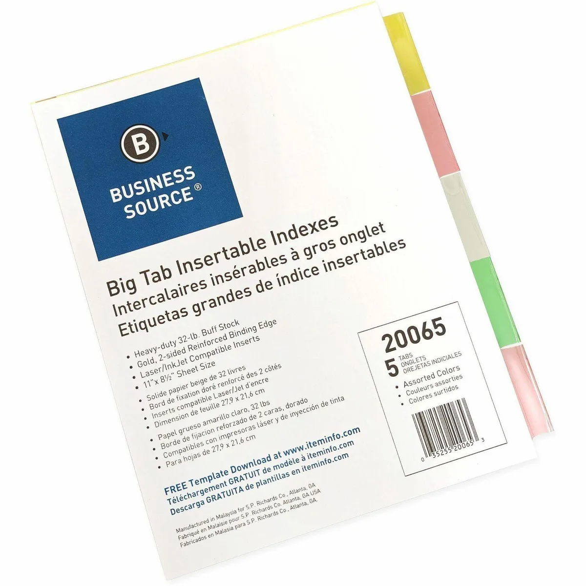 Business Source Business Source 20065 Insertable Tab Indexes 5 Tab 11"x8-1/2" Buff Paper/Multi Accessory — product photo