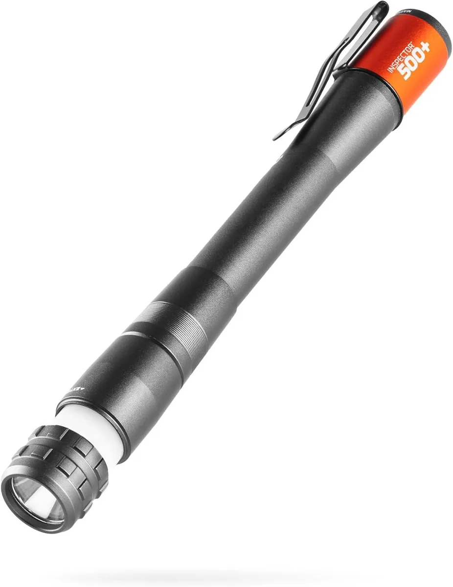 Compact rechargeable pen light with magnetic base, extended flexible neck and steel clip