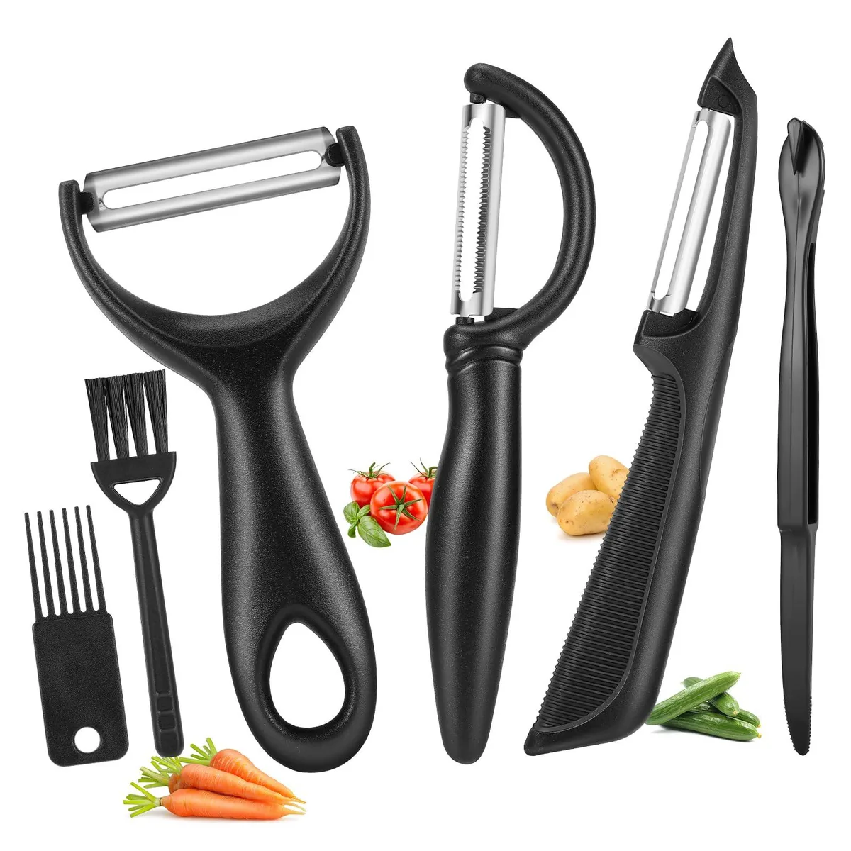 Six black-handled stainless steel peelers with blade guards, brushes and orange peeler