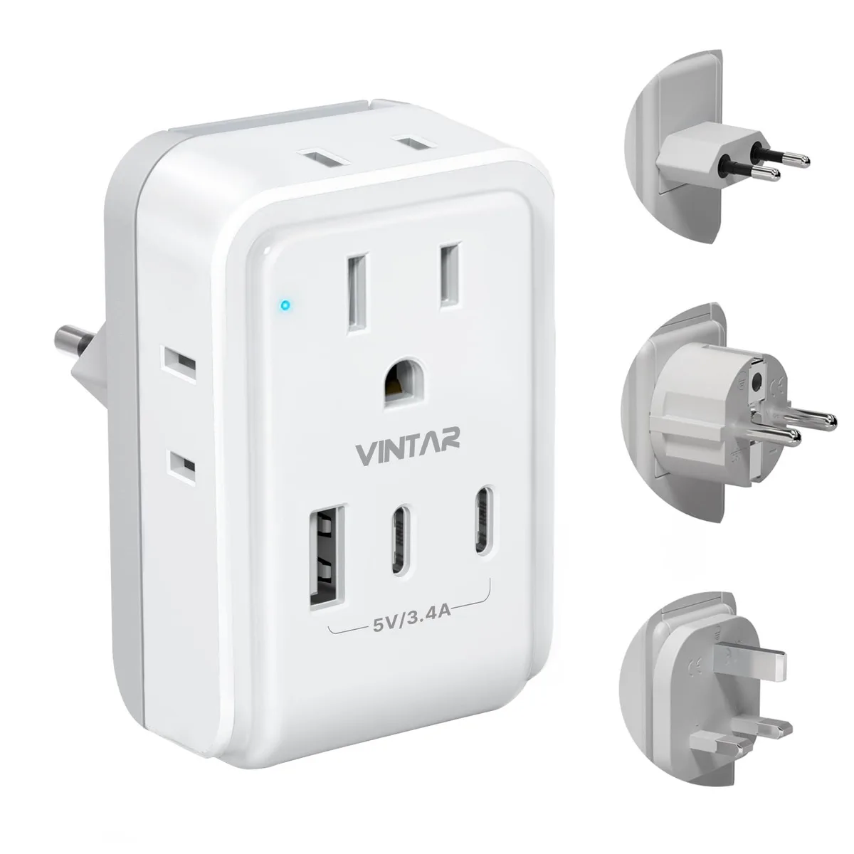 White and grey travel adapter with detachable EU, UK and Schuko plugs, four AC sockets and three USB ports