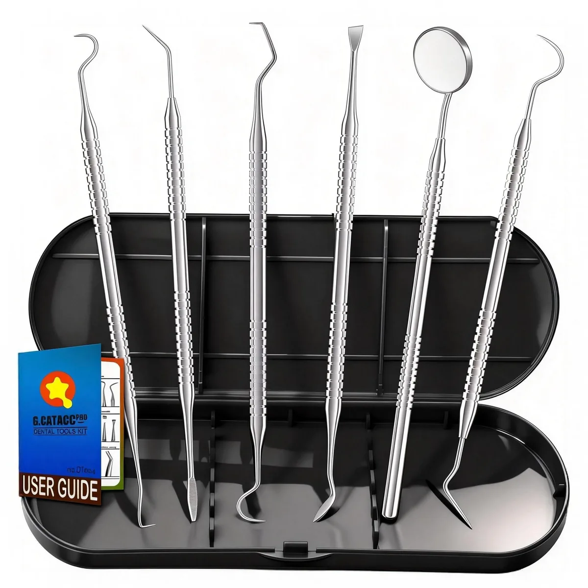 Six stainless steel dental tools in white plastic case