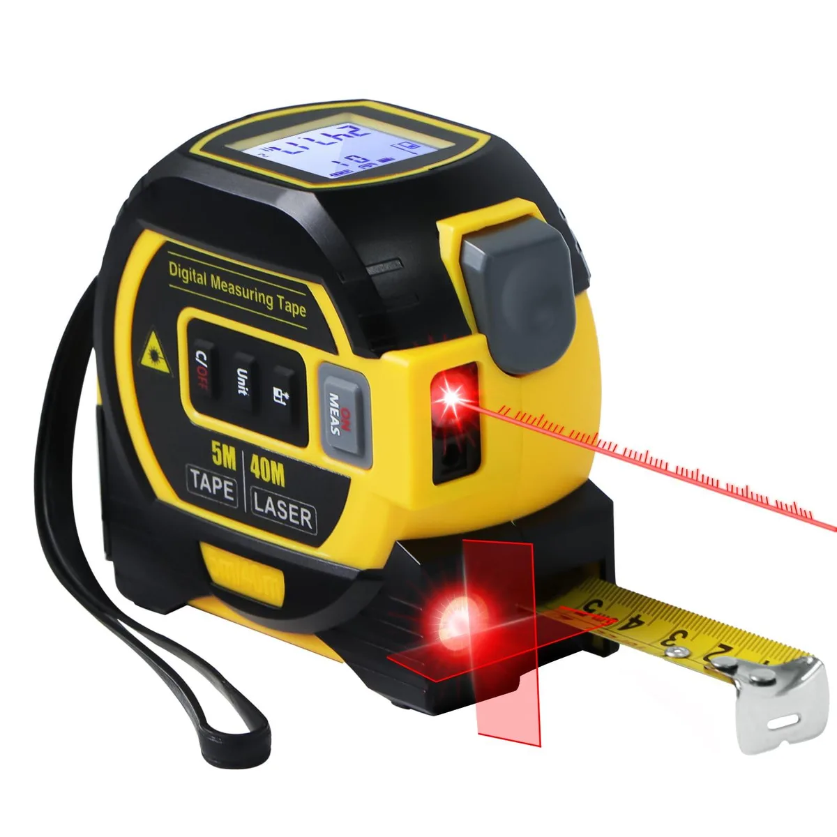  Laser Tape Measure 3-in-1 Yellow 16ft 5M 131ft 40M 20 memory 90 cross line — product photo