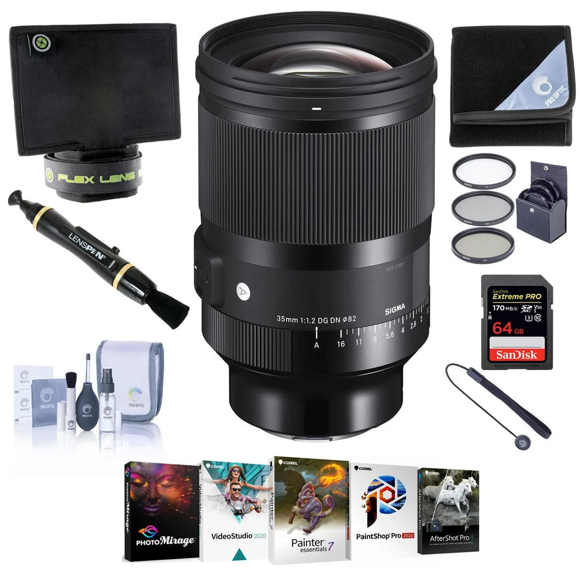 SIGMA SIGMA 35mm f/1.2 DG DN ART L Mount camera lens with 64GB card, 82mm filter kit, accessories — product photo