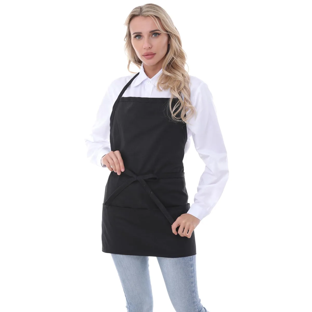 Black solid polycotton apron with three deep pockets and 35-inch waistband