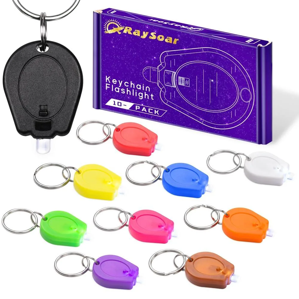 Ten tiny key-ring lights in assorted colours, each about the size of a quarter