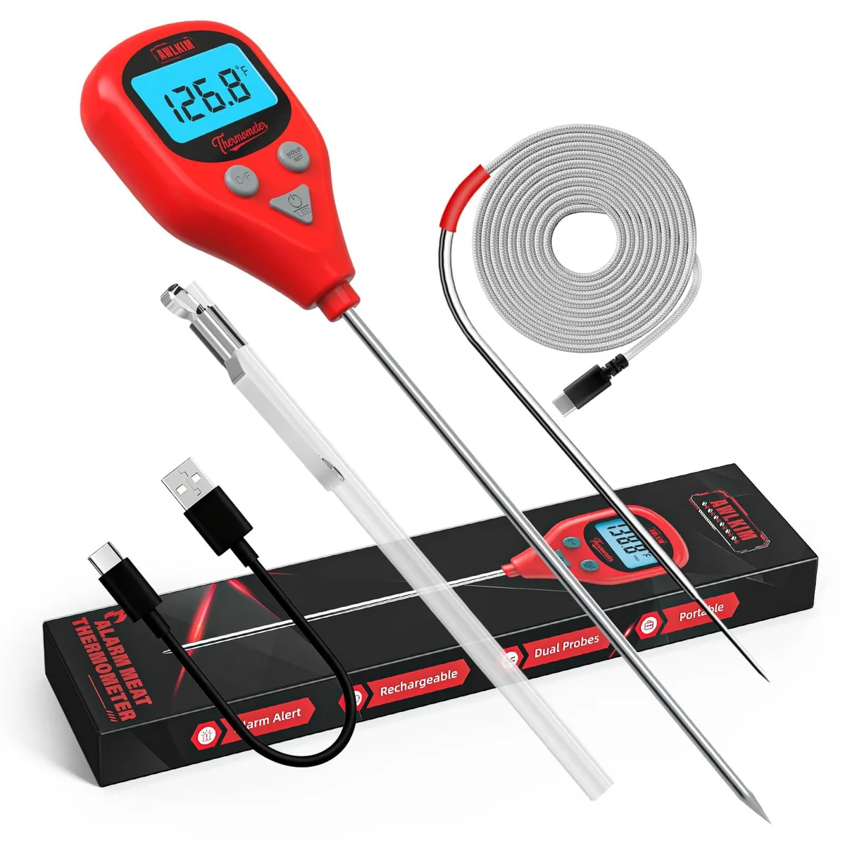 Wine red digital thermometer with dual probes and 40 inch cable