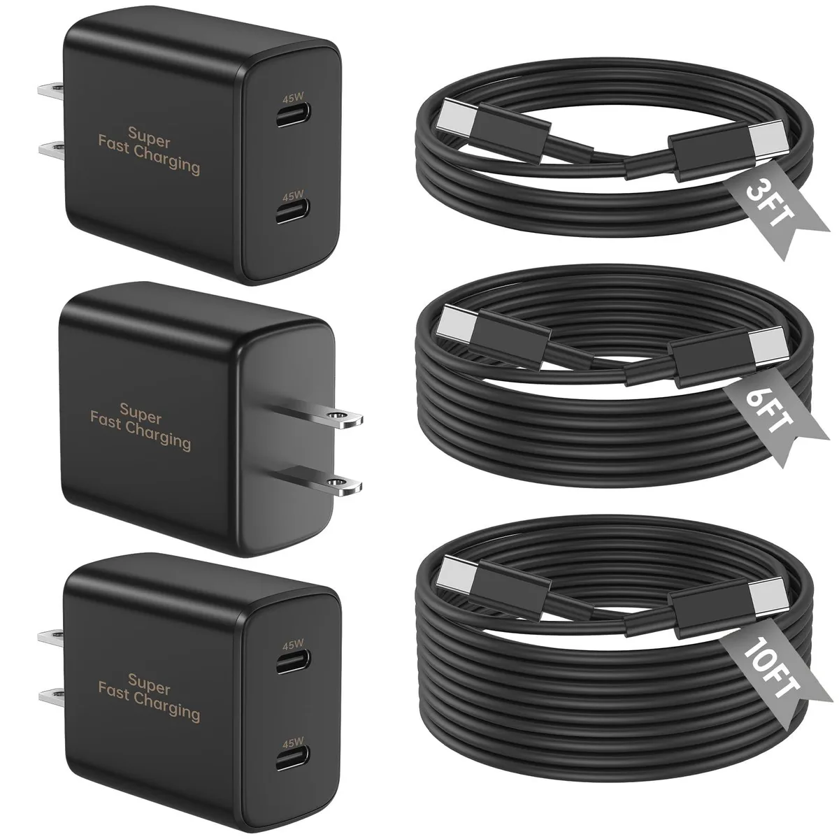LOFPYE ZYH-J15 45W USB-C Dual Port Charger 3-Pack with 60W Cables — product photo