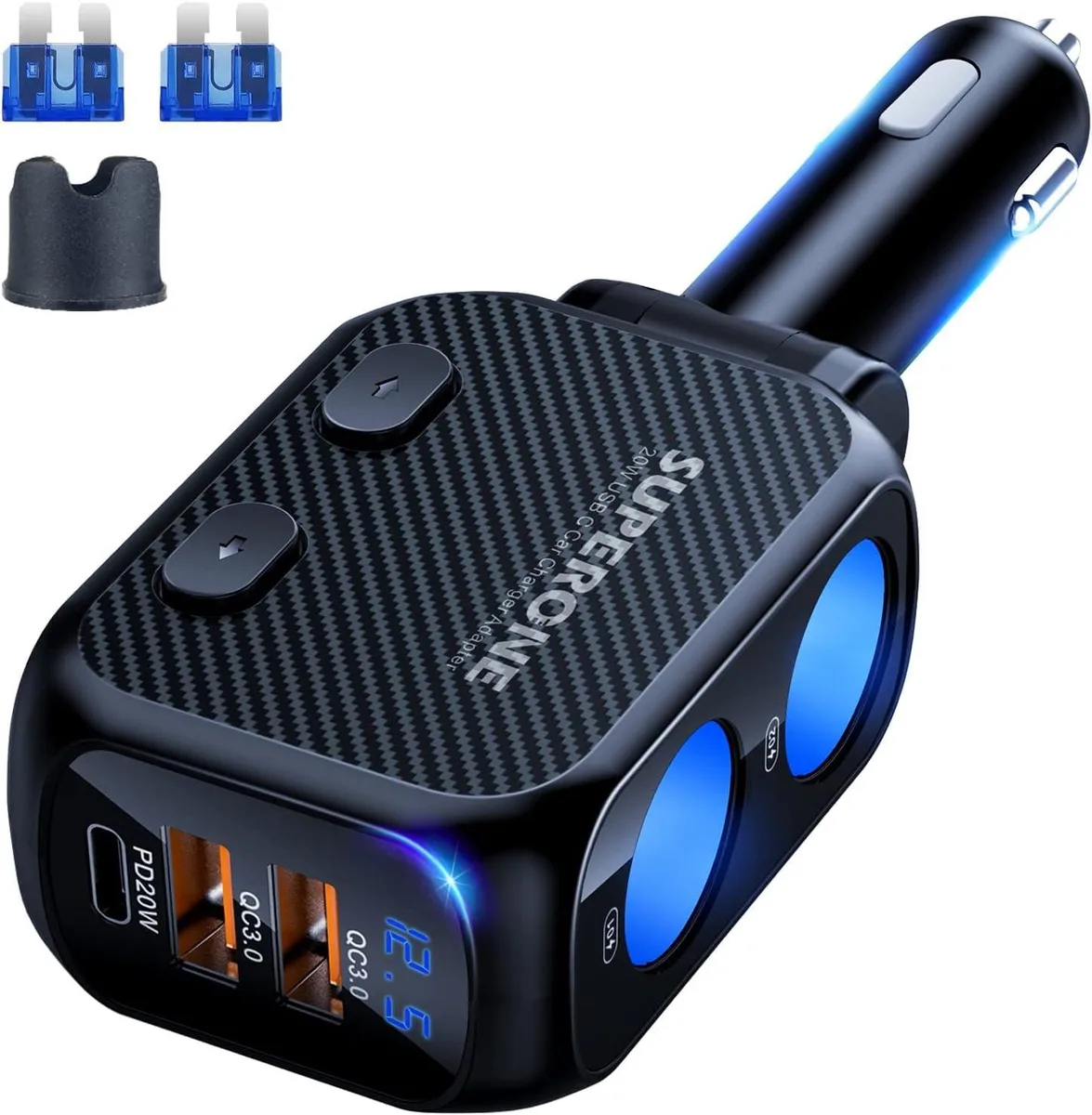  TESSAN 180W Cigarette Lighter Splitter 2-Socket 20W PD QC3.0 Grey — product photo