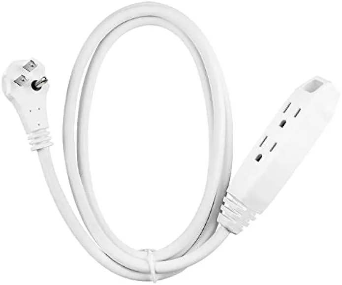 White 6 ft extension cord with flat plug and three grounded outlets