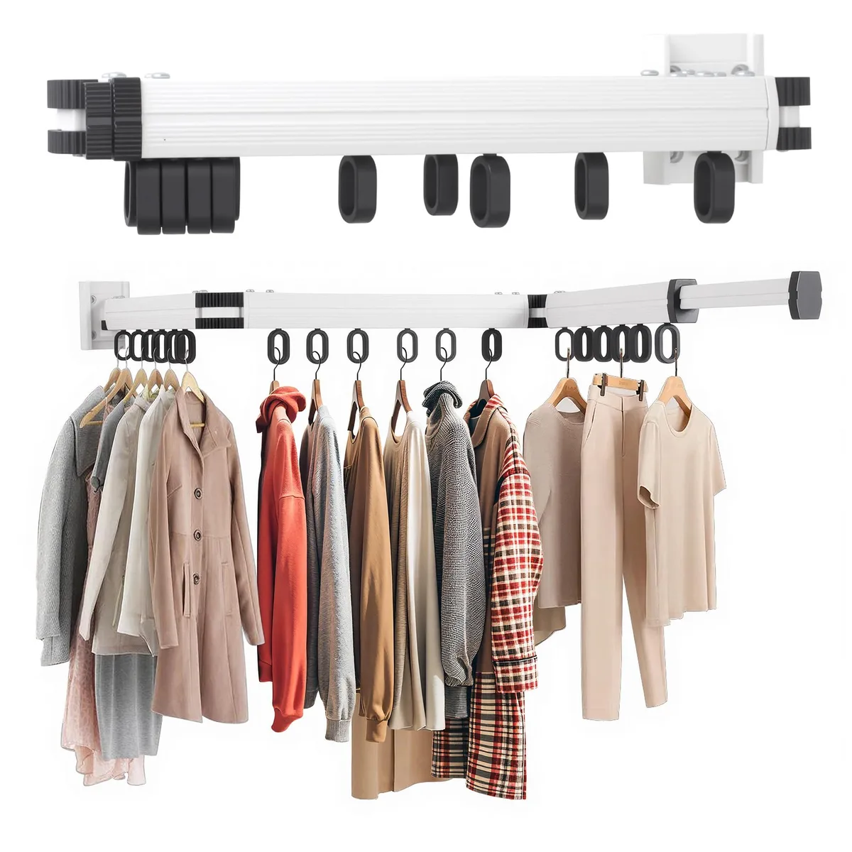 White wall-mounted tri-fold drying rack with 18 rotating hooks and retractable rod