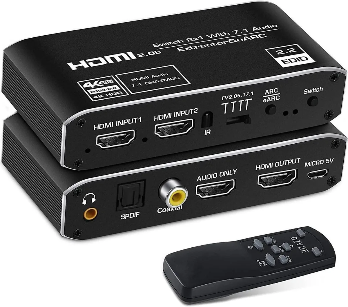 Small black box with two HDMI inputs one output multiple audio ports and remote control