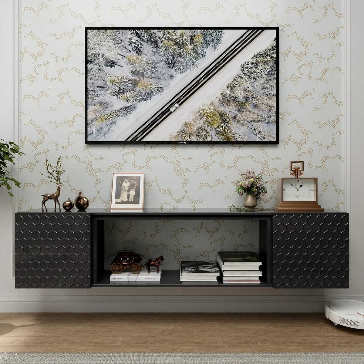 tuphen tuphen Floating TV Wall Mount Stand 80 Inch Black MDF 67x13x15 Inch 220 lbs — product photo