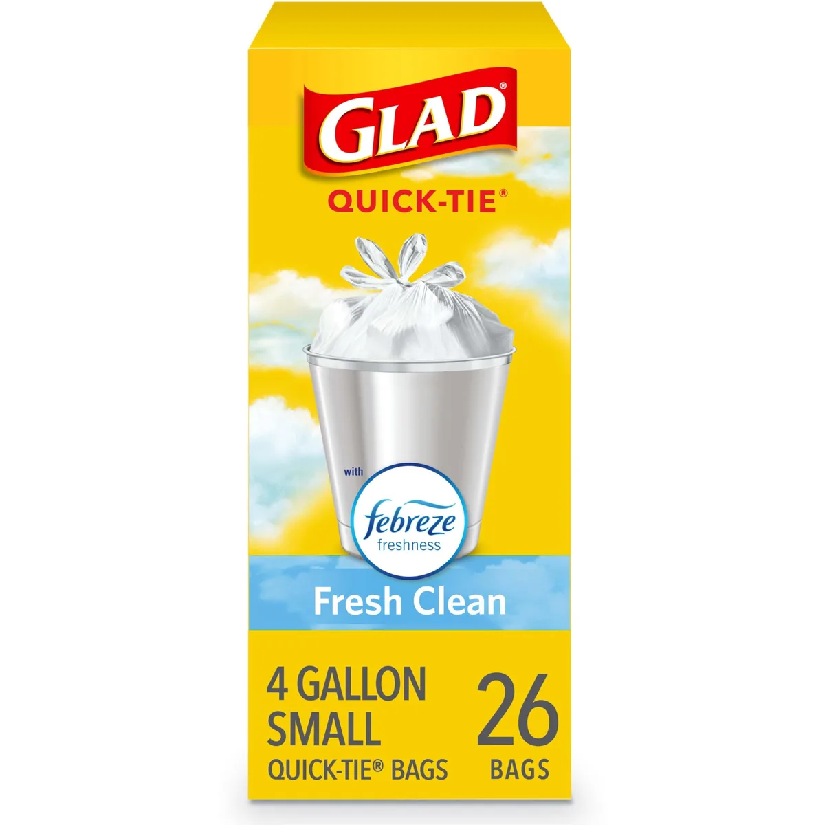 White plastic box containing 26 small 4-gallon trash bags with quick-tie flaps