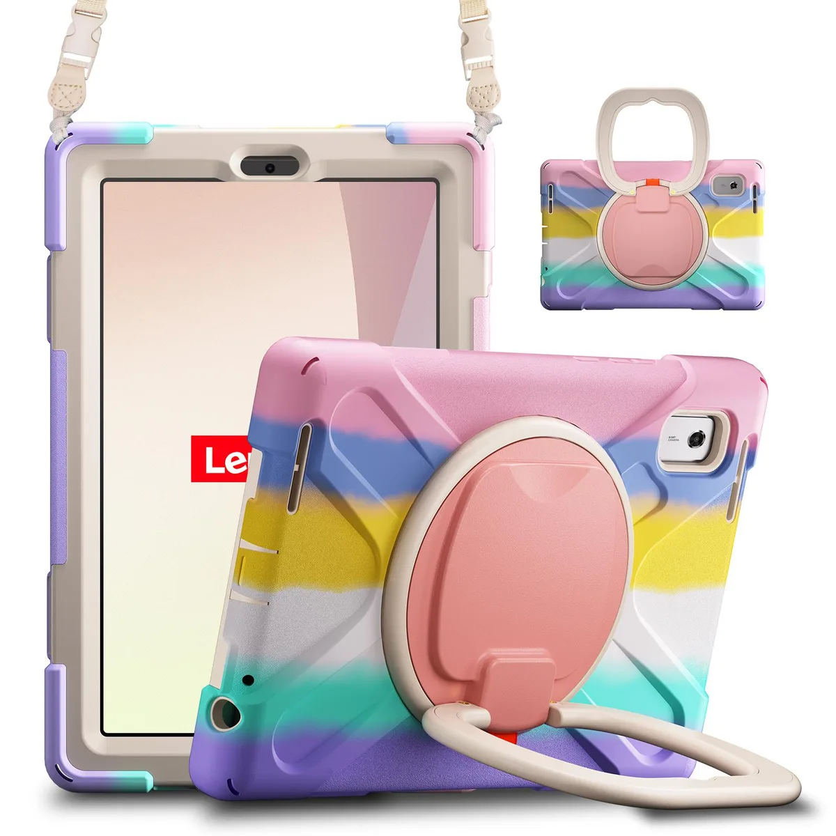 Pink rugged tablet case with kickstand, hand strap and shoulder strap