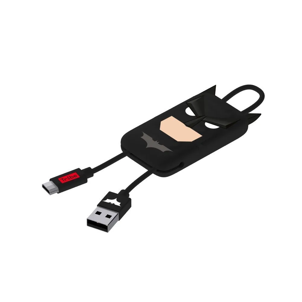 Short black Micro USB cable with Batman logo and integrated wind-up holder