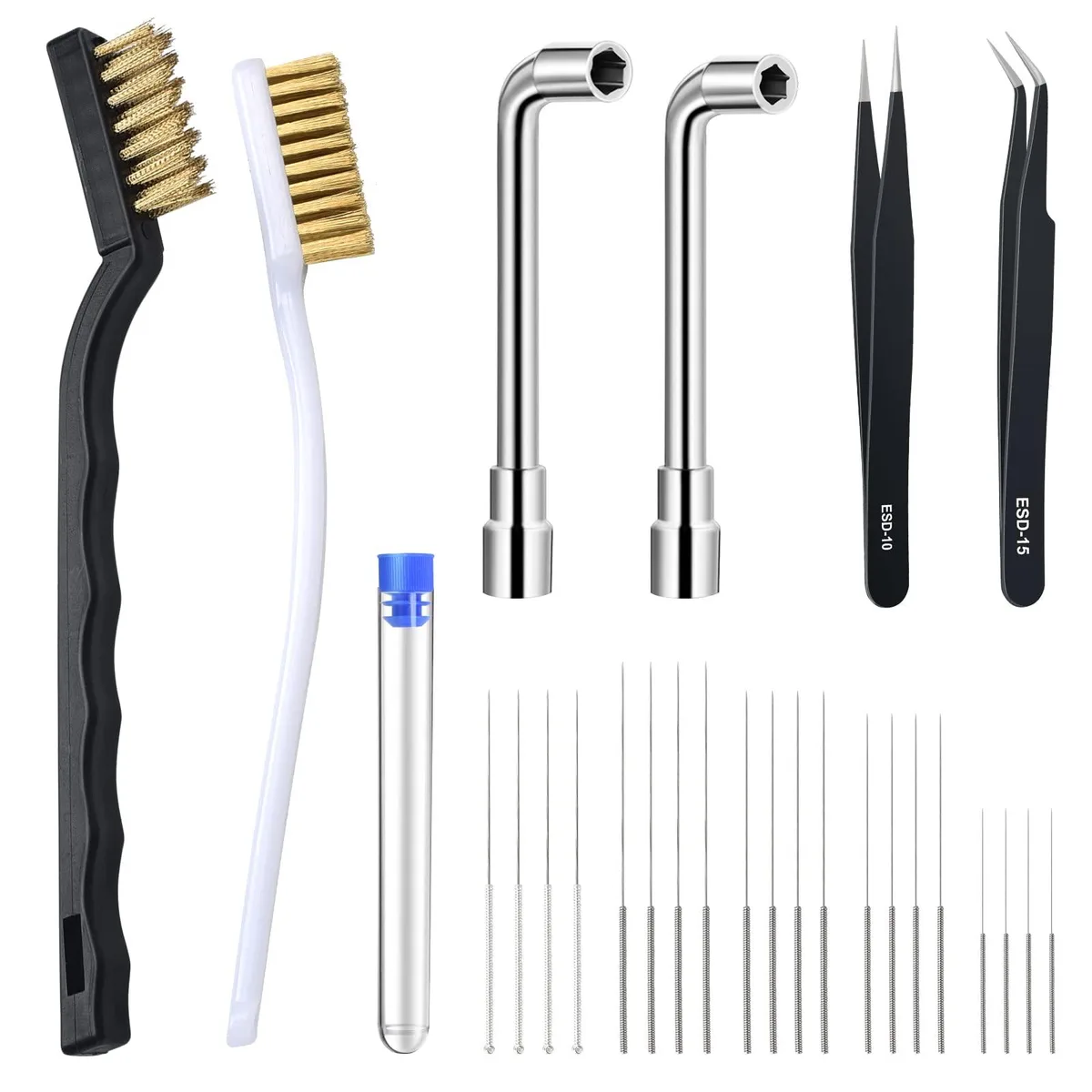 Compact 26-piece 3D printer nozzle cleaning kit with stainless steel pins, copper brushes, tweezers and L-wrenches in a storage tube