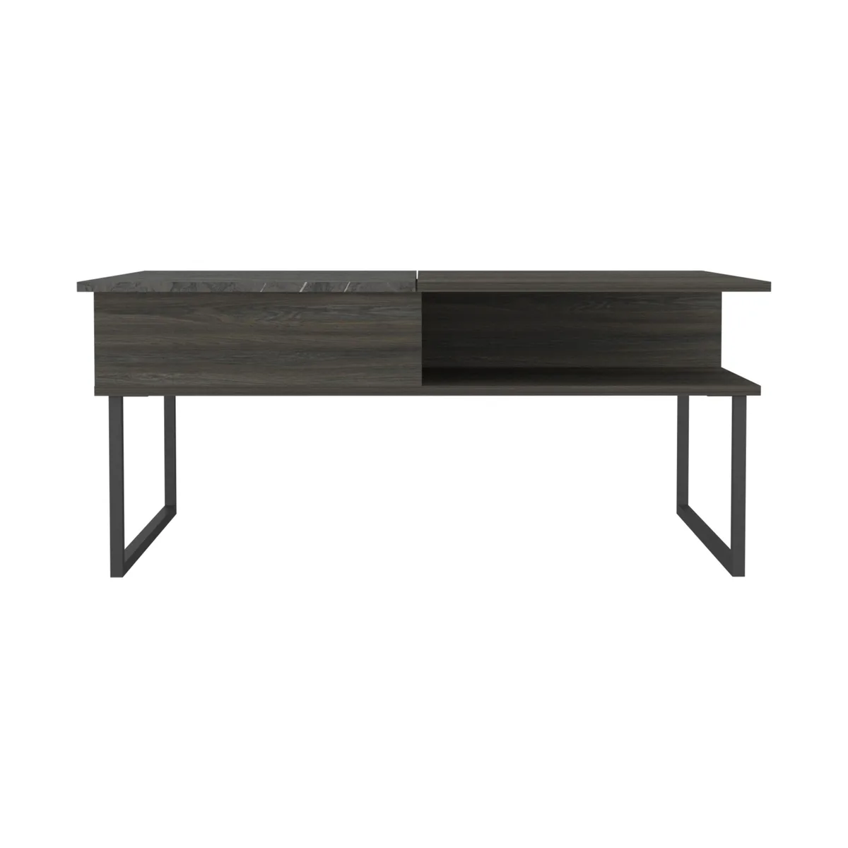 Rectangular espresso and onyx lift-top coffee table with metal legs and open side shelves