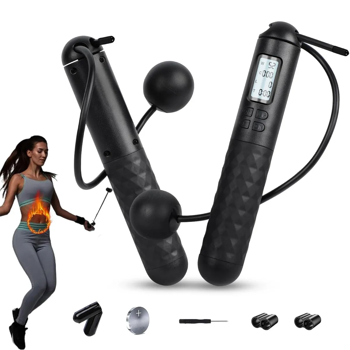 Cando BF5 cordless jump rope with weighted balls, digital counter display, non-slip handles, EVA construction