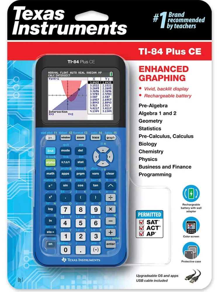 Texas Instruments TI-84 Plus CE graphing calculator in Bionic Blue