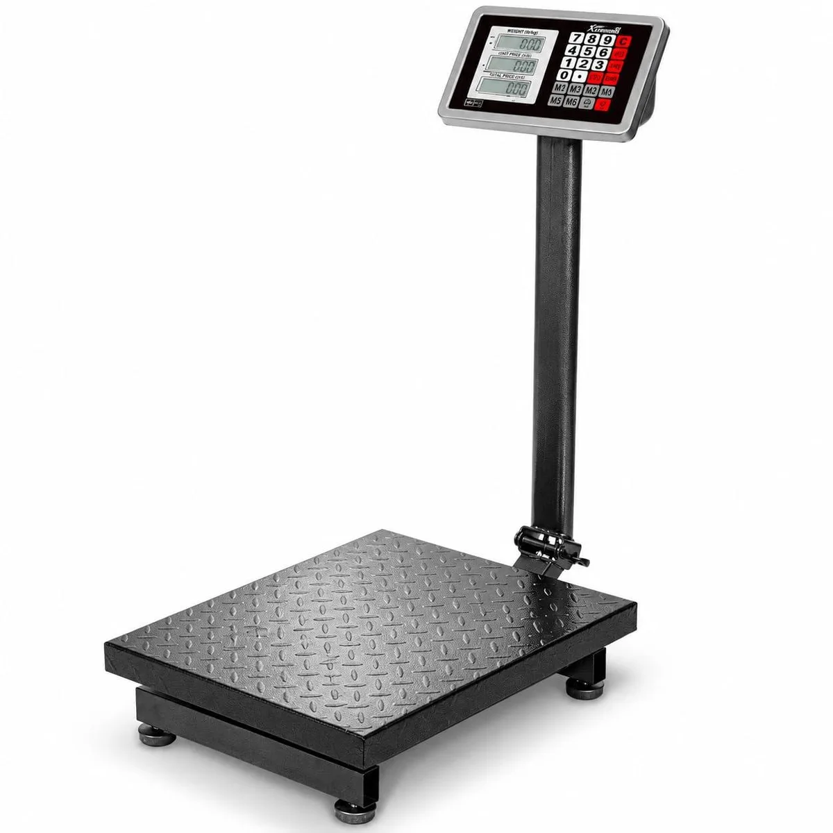 Gray steel floor scale, 16 by 29 inches, foldable platform with LCD display