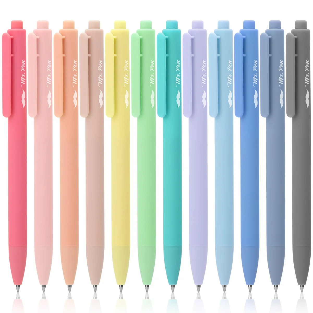 Twelve retractable gel pens in assorted colours, plastic barrels, 0.7 mm tips