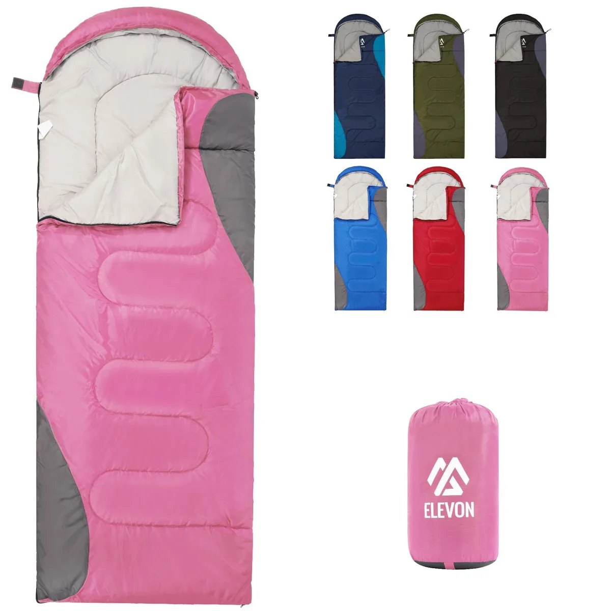 Blue rectangular sleeping bag with compression sack, lightweight polyester shell, 31.5 by 86.6 inches