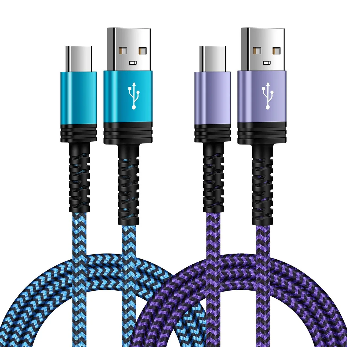 Two braided USB-C cables, one red and one purple, coiled side by side