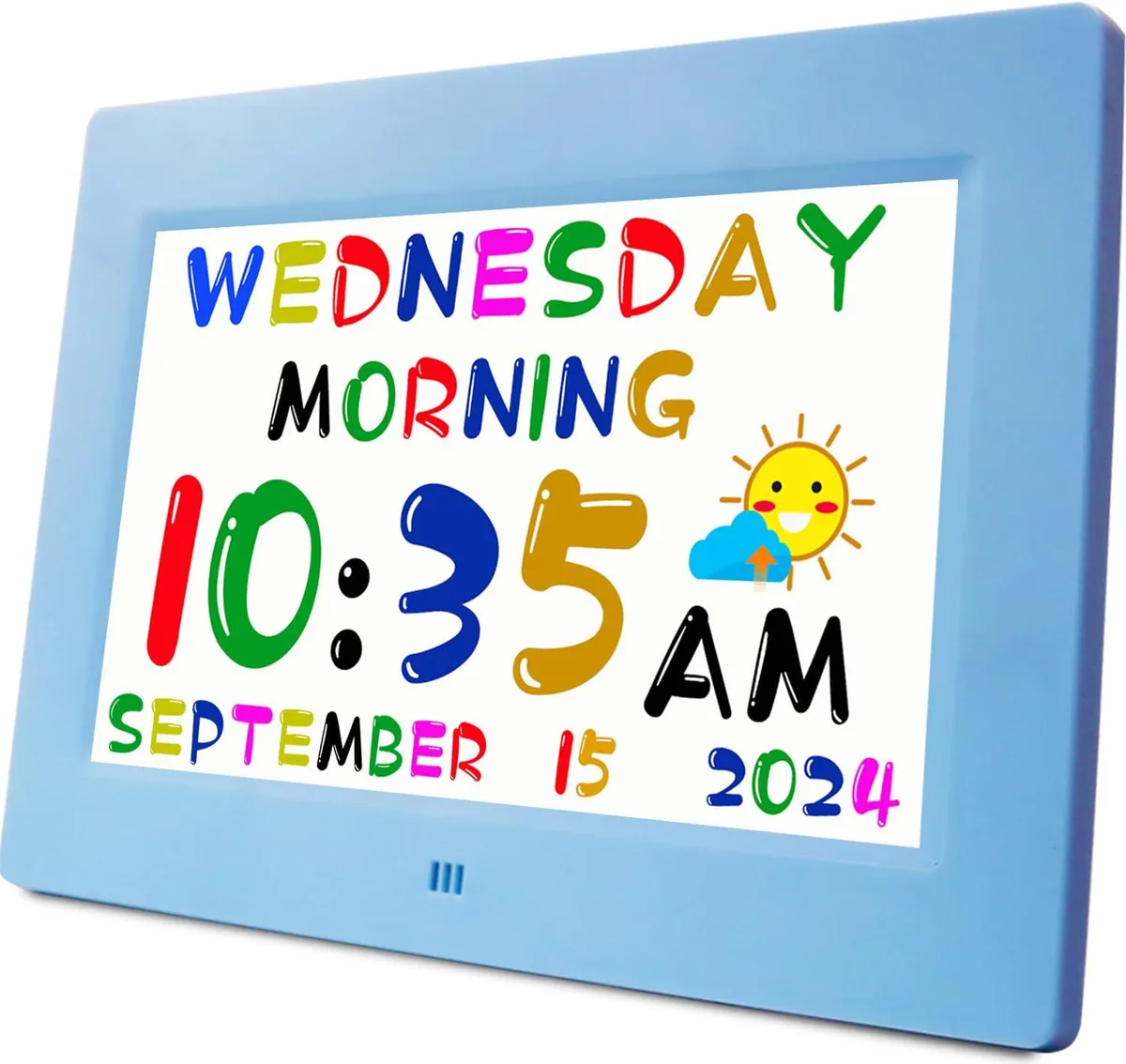 Rectangular blue LCD clock with remote, 8.03 by 3.81 by 5.75 inches