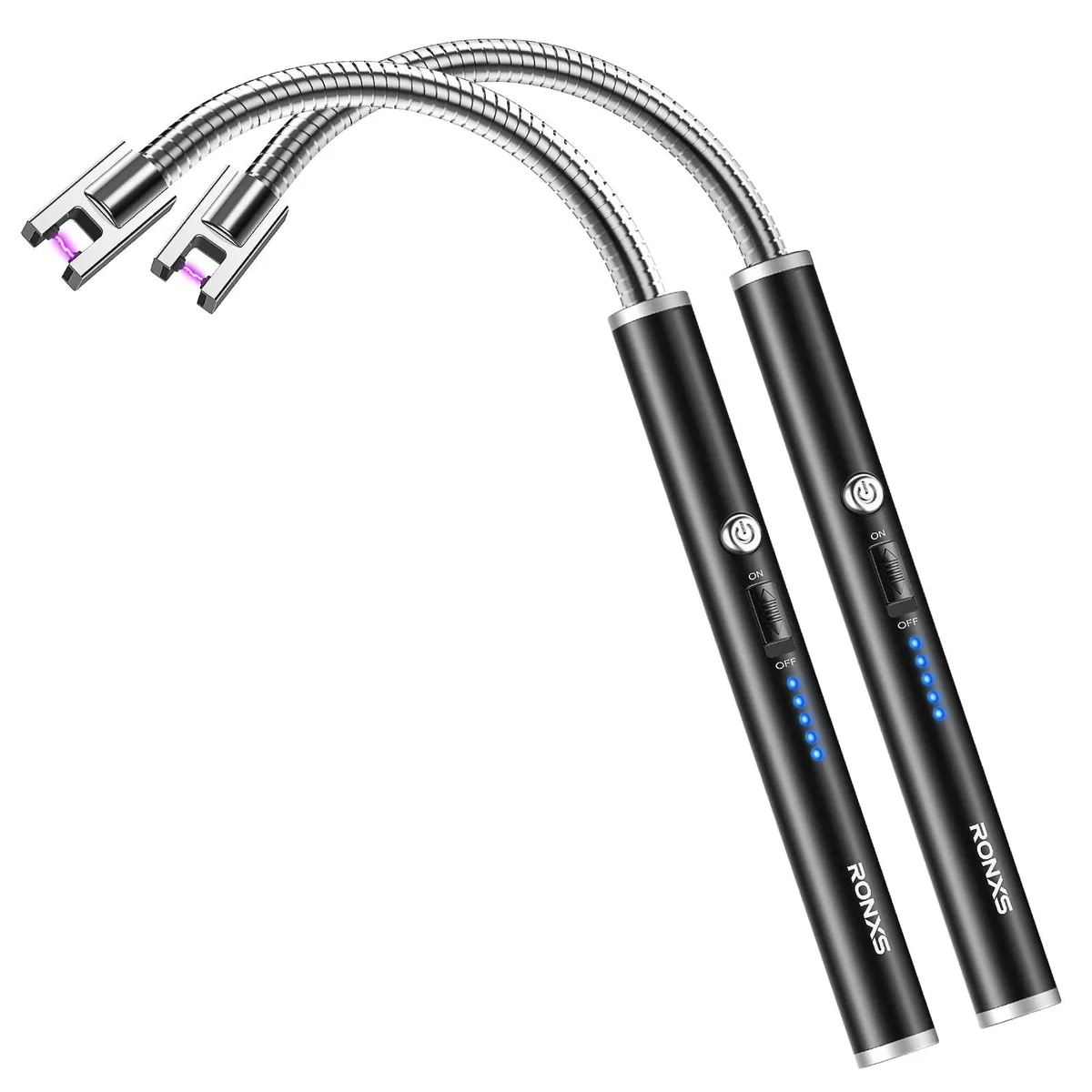 Black rechargeable arc lighter with flexible neck and LED battery display