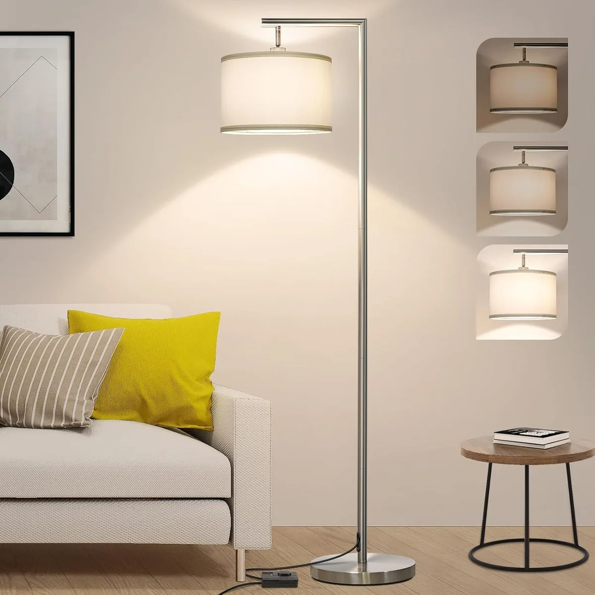 Tall silver floor lamp with adjustable cloth shade and foot dimmer switch