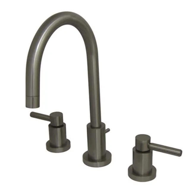 Satin nickel two-handle lavatory faucet with high-arch spout and cross handles