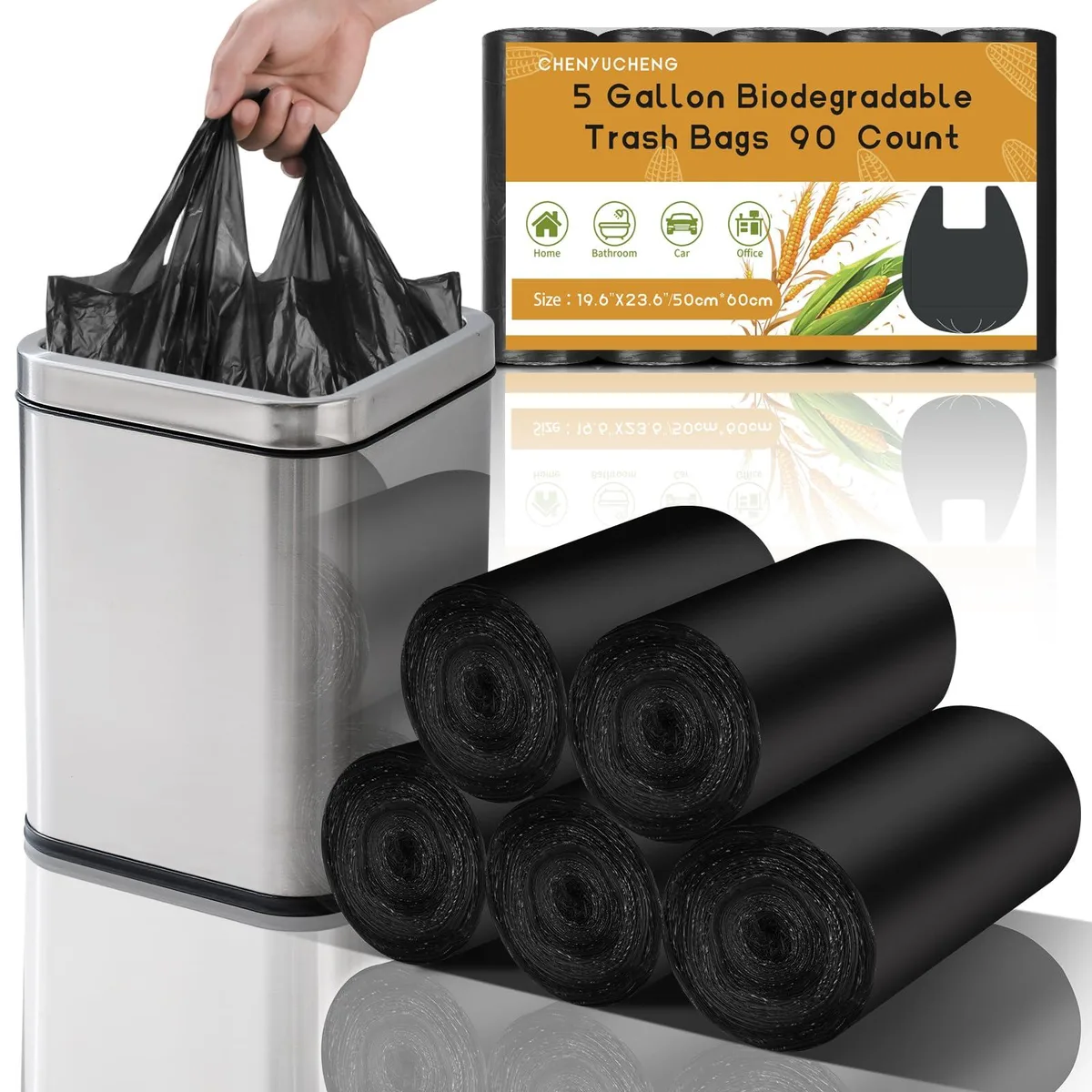  5 Gallon Black Trash Bags 90 Count 23.6x19.7in — product photo