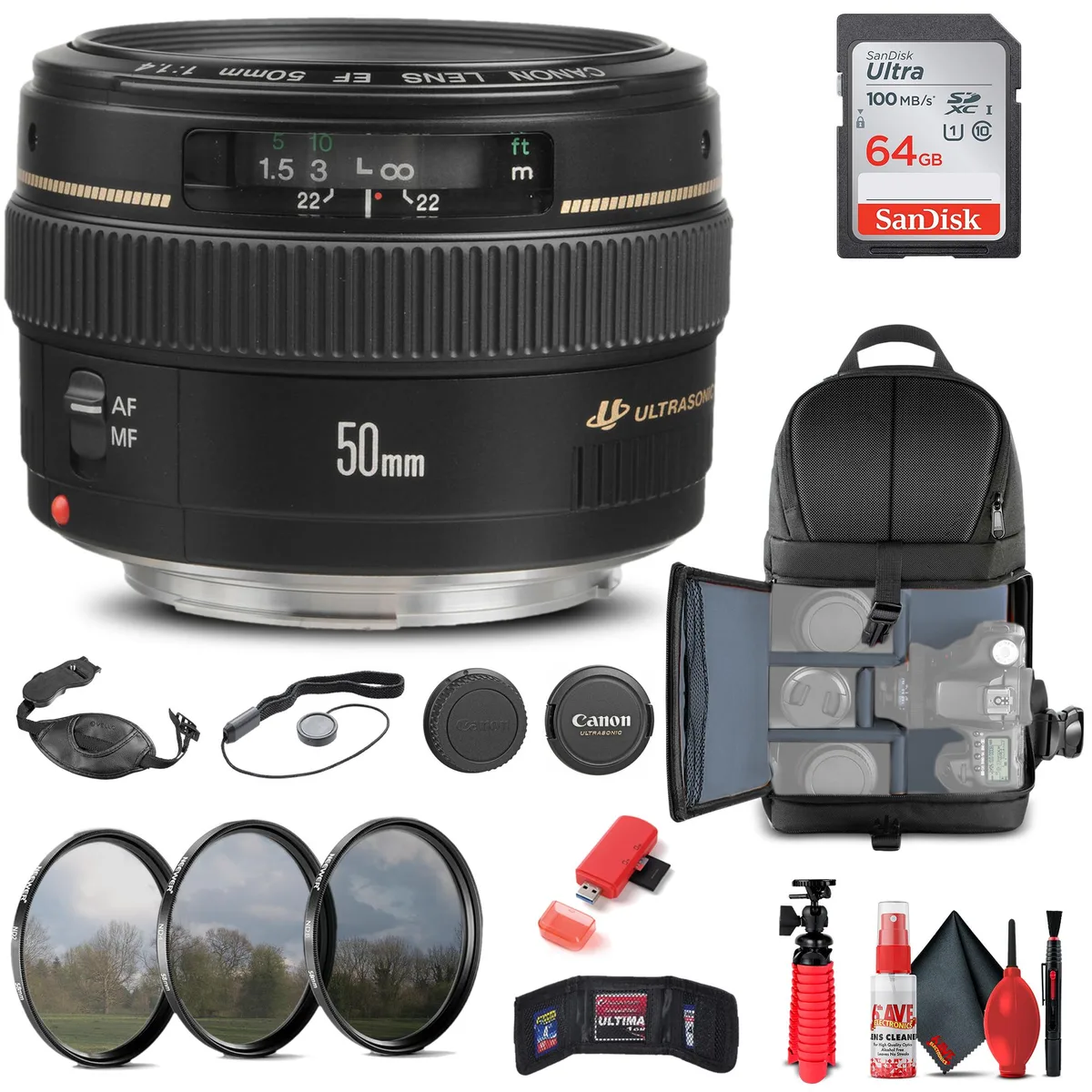 Canon Canon EF 50mm f/1.4 USM lens bundle with 58mm filter kit, 64GB card, backpack, 12-inch tripod and accessories — product photo