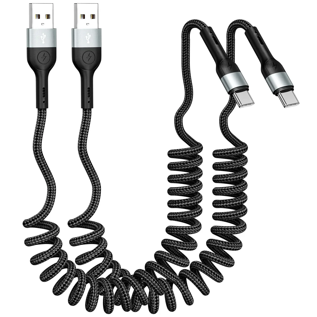 Two black coiled USB-A to USB-C braided cables with metal connectors