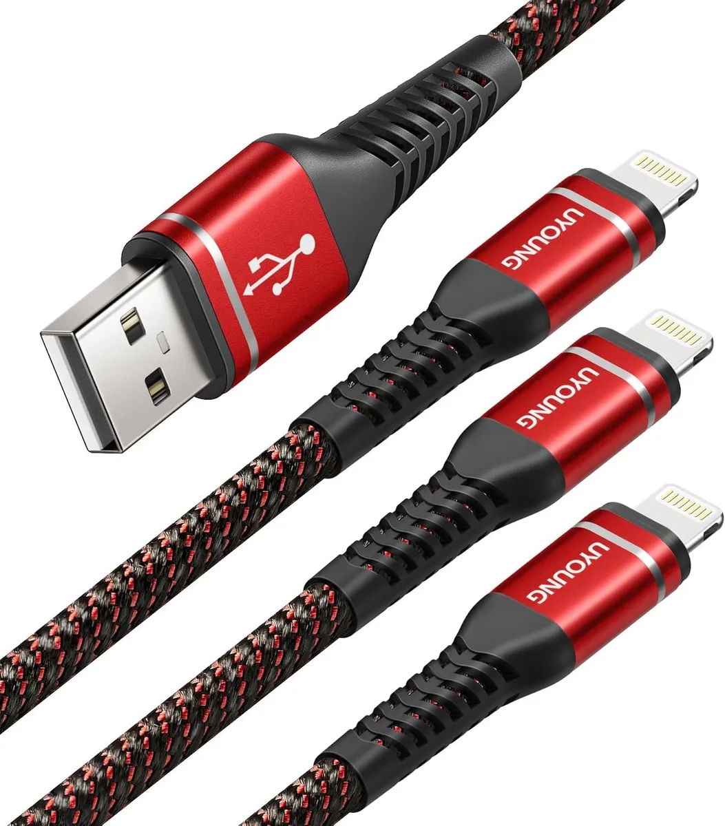 Three red nylon braided Lightning cables coiled together