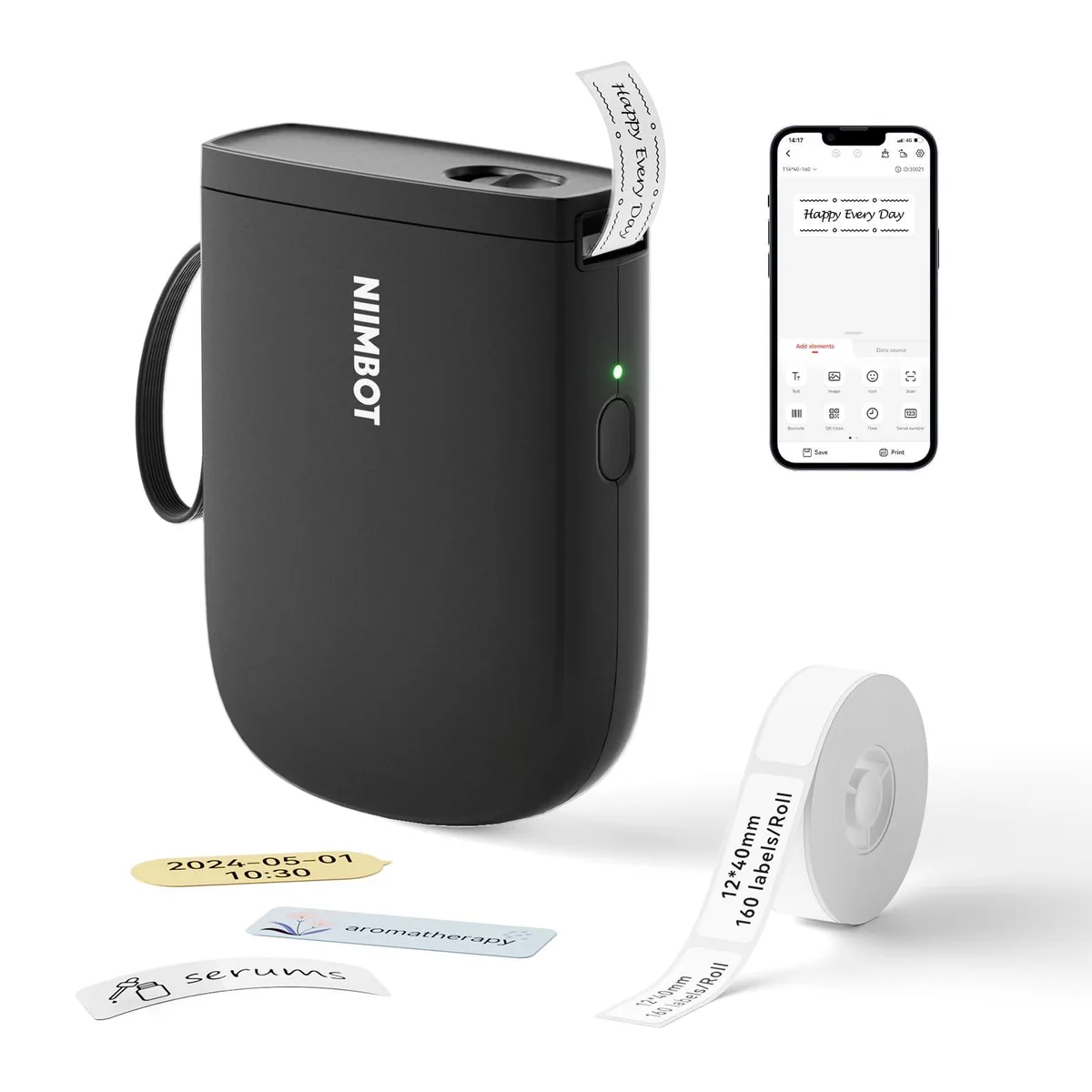 Compact black label printer with tape roll visible