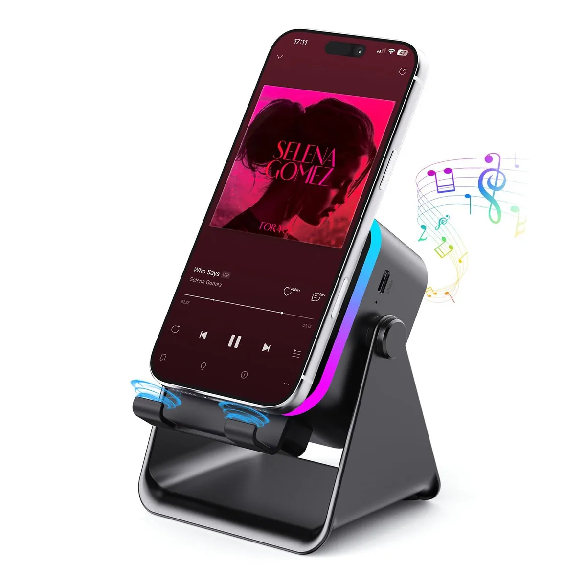 Black rectangular induction speaker with phone stand, RGB light ring and 3500mAh battery