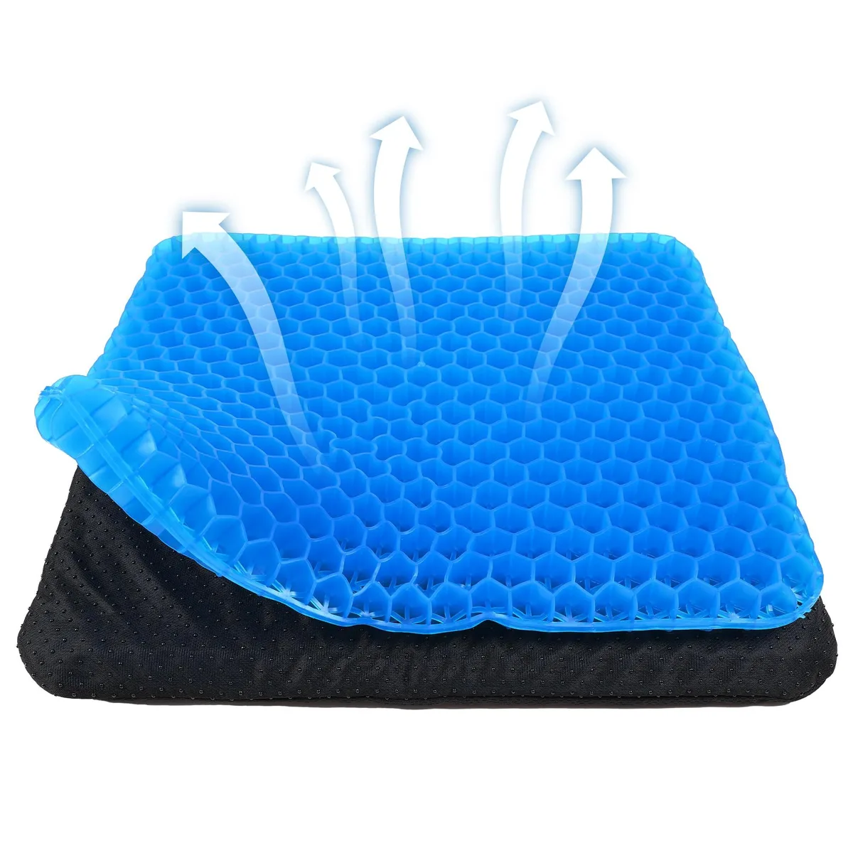 Blue gel seat cushion with honeycomb grid and removable dark cover