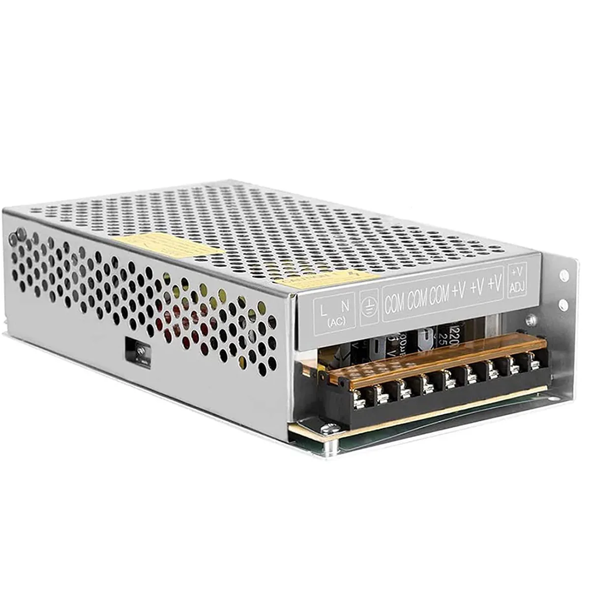 Compact metal AT power supply with perforated case, screw terminals and voltage adjuster